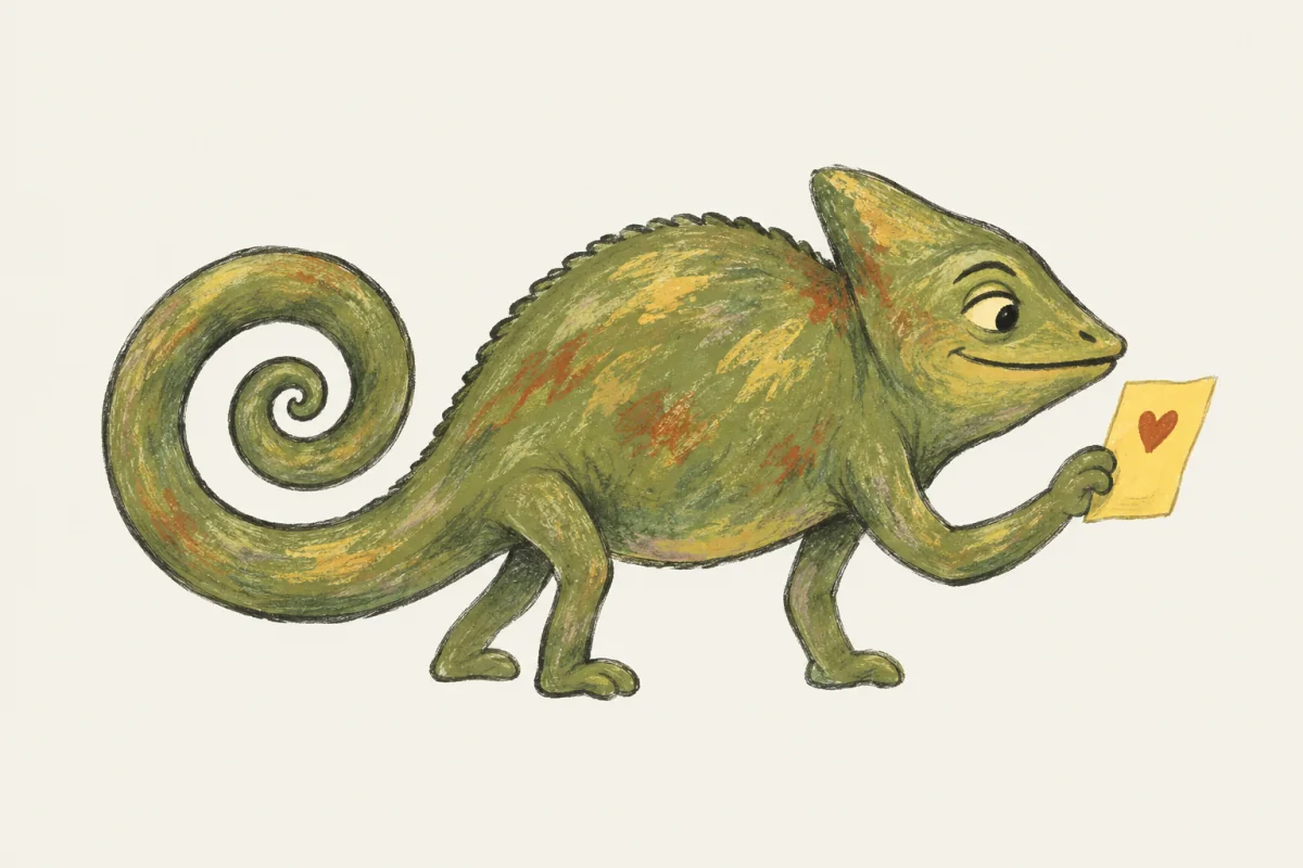 The blue-violet Ownfeed chameleon holds a note and looks toward the AI feed.